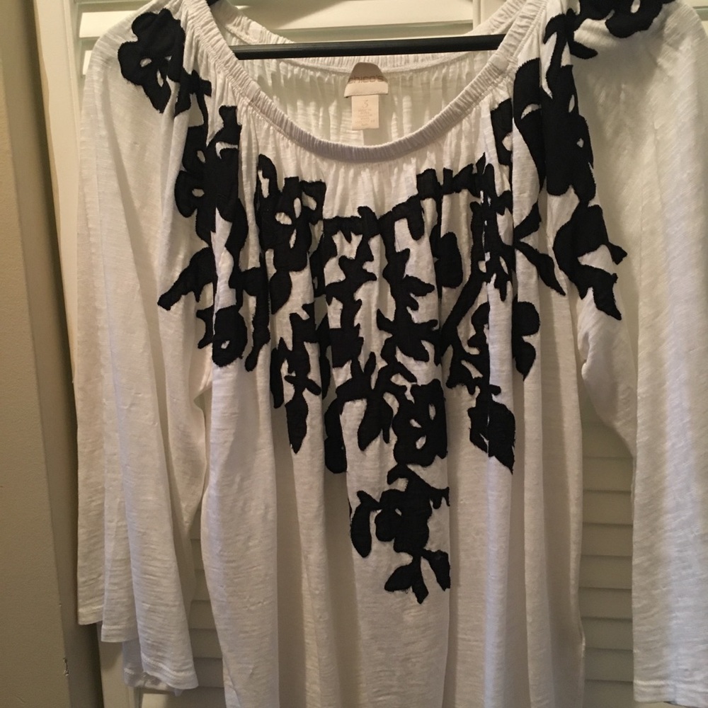 Chico's size 3 off the shoulder embroidered top